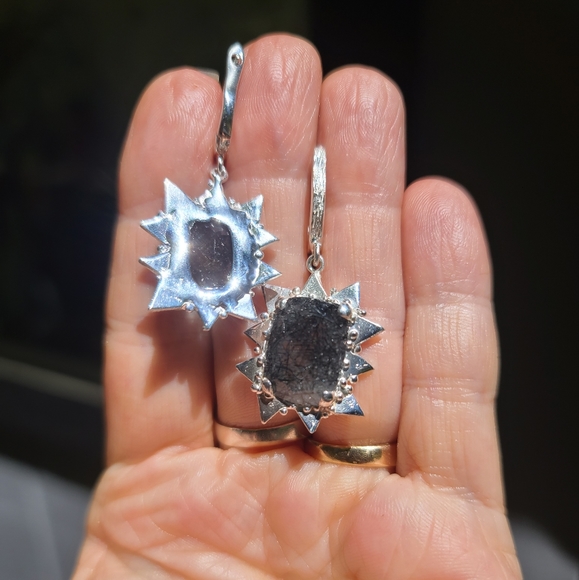 Rutilated quartz sterling SUNburst earrings - Picture 3 of 8